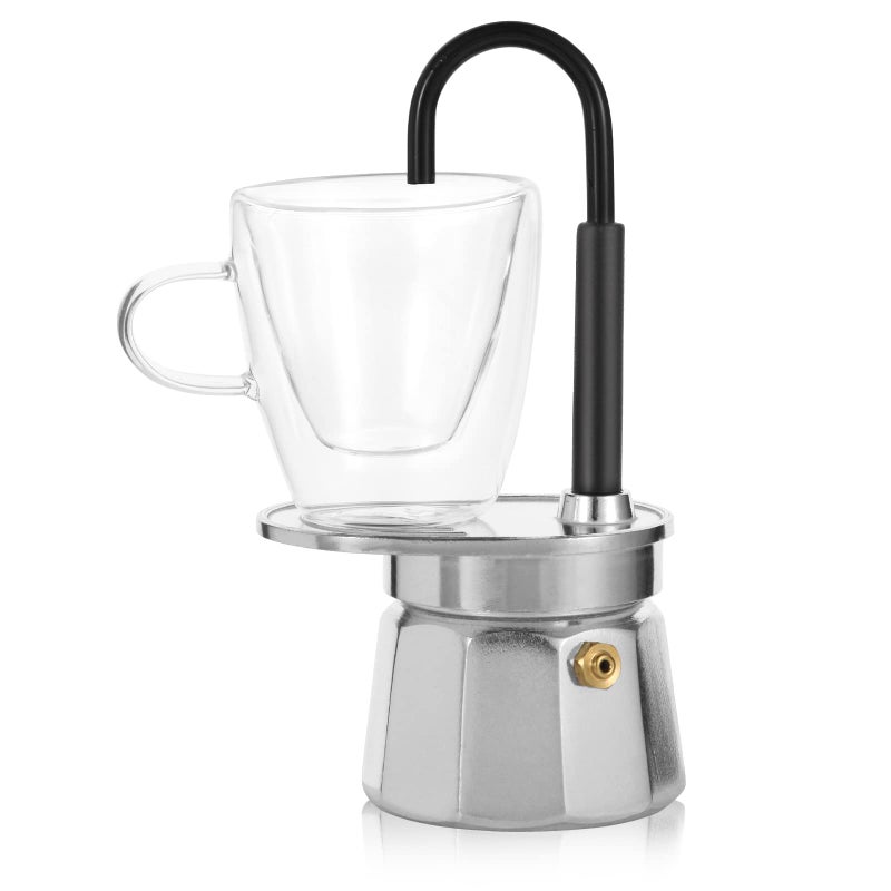 MVPLUE-Mini Express Swiss Single Tube Moka Pot Aluminum Silver,Moka Set includes One Double Wall 3oz Cup,Enjoy delicious coffee in no time - Image 1